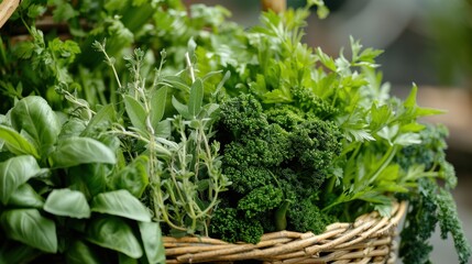 Obraz premium Close-up of green herbs and vegetables in a basket, showcasing fresh and natural produce.