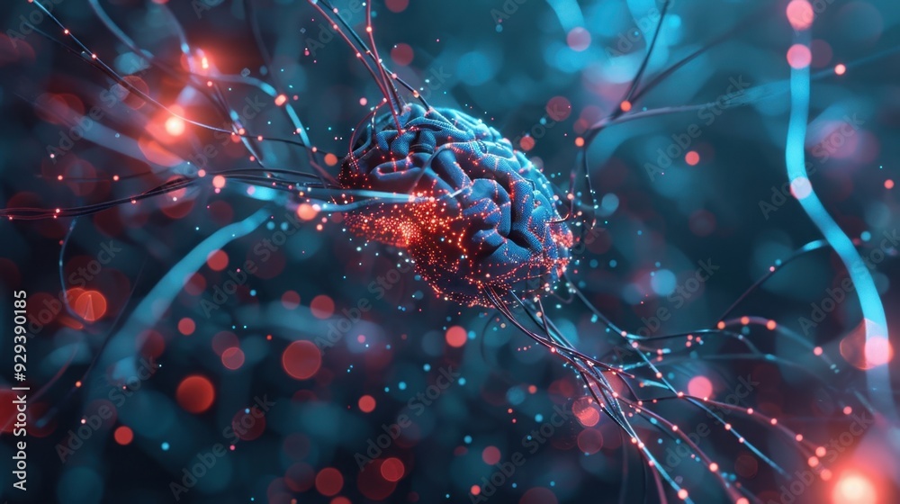 Poster conceptual representation of ai with a digital brain and interconnected neural pathways.
