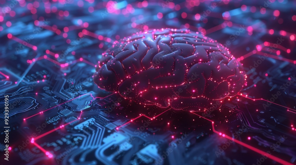 Poster conceptual representation of ai with a digital brain and interconnected neural pathways.