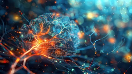 Conceptual representation of AI with a digital brain and interconnected neural pathways.