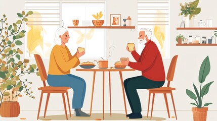 Fototapeta premium An older couple happily shares coffee and toast at their table in a cheerful kitchen