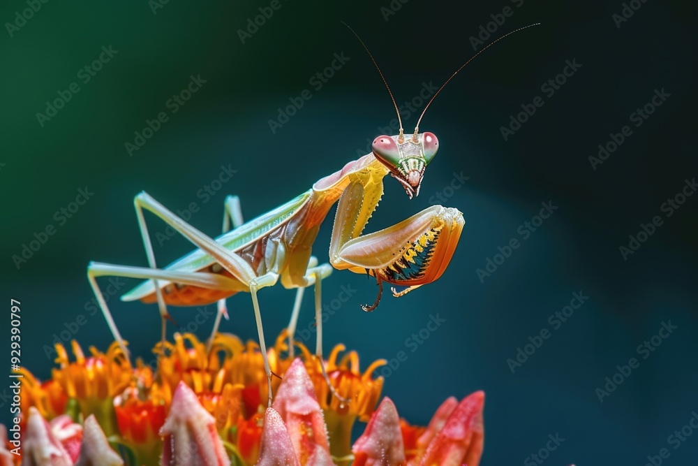 Poster a close-up shot of a praying mantis sitting on a flower, highlighting its unique features and natura