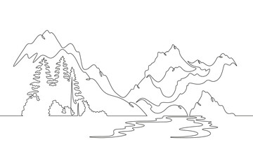 Continuous one line drawing mountain river against the background of hills and mountains. Forest on the river bank. Mountain landscape.One continuous line isolated minimal illustration.