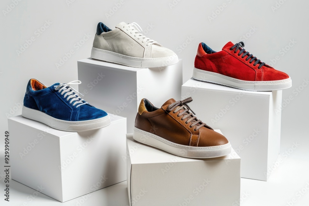 Poster a row of four different colored sneakers displayed together