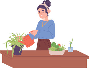 Woman watering houseplants. Home garden care illustration