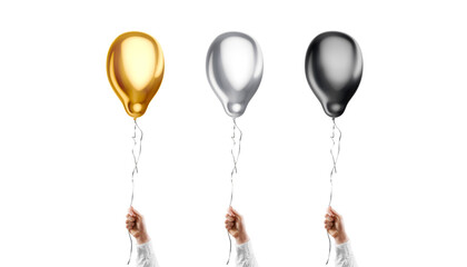 Hand holding blank silver, gold and black pear balloon mockup © Alexandr Bognat