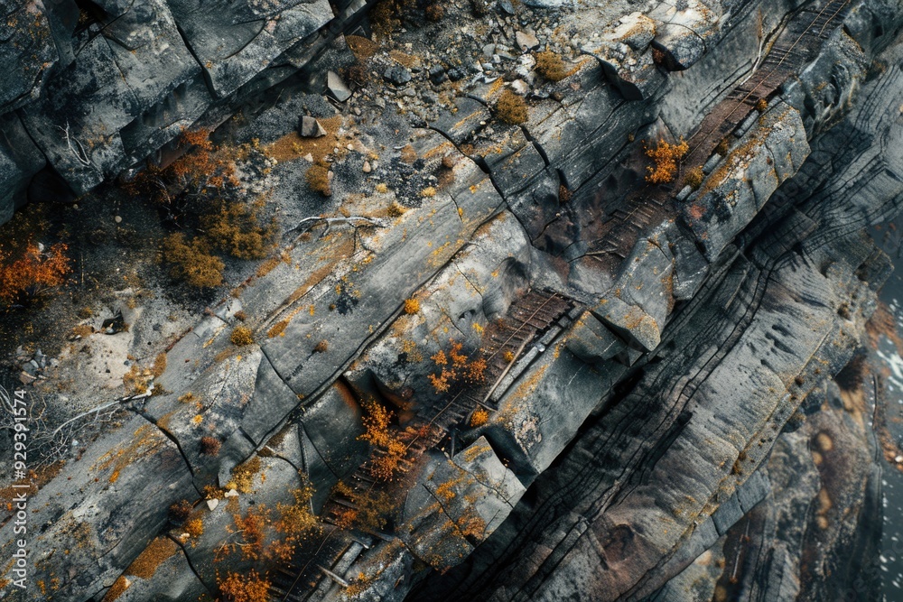 Poster aerial view of a rugged coastline with steep cliffs and rocky formations