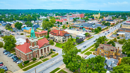 Aerial View of Historic Courthouse and Church in Mishawaka, Indiana