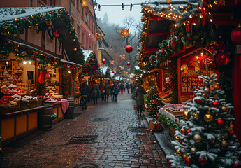 Obraz premium A festive Christmas market in Paris, France, adorned with lights and decorations, bustling with visitors enjoying the holiday spirit.