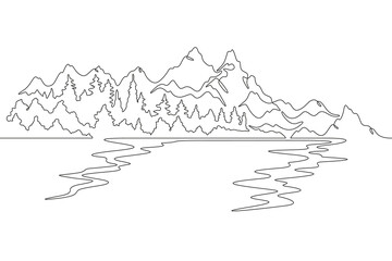 Continuous one line drawing mountain river against the background of hills and mountains. Forest on the river bank. Mountain landscape.One continuous line isolated minimal illustration.