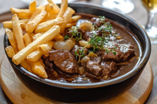 Carbonade Flamande, A traditional Belgian stew made with beef, onions, and beer, often flavored with thyme, bay leaves, and mustard, and served with fries or bread.