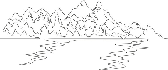 Continuous one line drawing mountain river against the background of hills and mountains. Forest on the river bank. Mountain landscape.One continuous line isolated minimal illustration.