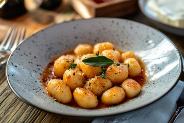 Gnocchi, Soft dough dumplings made from potatoes, flour, and eggs, often served with sauces such as pesto, tomato, or butter and sage.