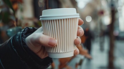 A person holds a coffee cup in their hand, ready to take a sip
