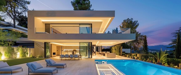 Fototapeta premium Modern house with a swimming pool and a patio, overlooking a forest and mountains in the evening.