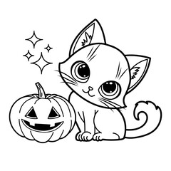 Vector illustration of adorable cartoon kitten sitting beside a Jack-o'-lantern, perfect for children's coloring books