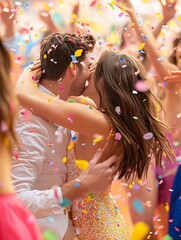 Obraz premium Couple sharing a kiss amid colorful confetti at a joyful celebration in a vibrant setting