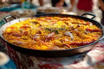 Paella, A rice dish originally from Valencia, made with a variety of seafood, meat (such as chicken or rabbit), vegetables, and seasoned with saffron and other spices.