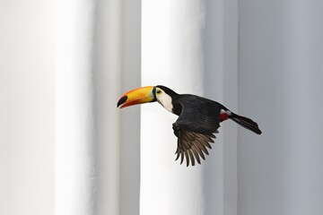 Obraz premium Toucan Flying with White Background, Wallpaper, Cover and Screen for Smartphone, Cell Phone, Computer, Laptop