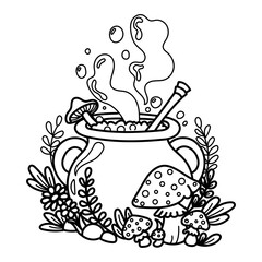 Enchanting cauldron bubbling with a magical potion, surrounded by mushrooms and plants. Halloween vector illustration 