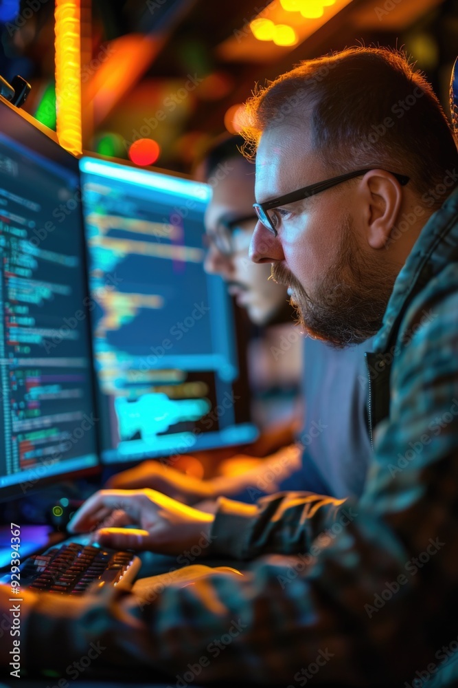 Poster a person sitting in front of dual computer monitors, possibly working or gaming