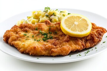 Wiener Schnitzel , A breaded and deep-fried veal cutlet, traditionally served with a slice of lemon and potato salad or fries. Isolated on White Background
