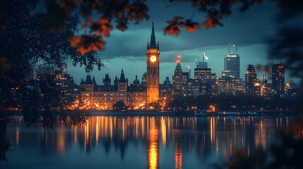 Obraz premium Ottawa Parliament Buildings at Night with Reflections.