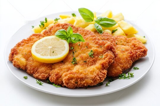 Wiener Schnitzel , A breaded and deep-fried veal cutlet, traditionally served with a slice of lemon and potato salad or fries. Isolated on White Background