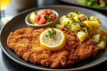 Wiener Schnitzel, A breaded and deep-fried veal cutlet, traditionally served with a slice of lemon and potato salad or fries.
