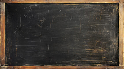 Empty vintage chalkboard with a wooden frame, showing signs of wear and scratches, ready for educational or creative use.