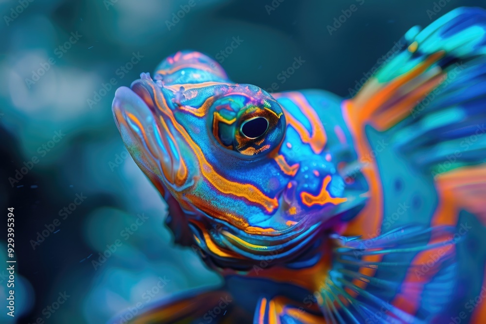 Poster a vibrant fish with intricate scales and patterns, blurred background
