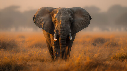 Fototapeta premium An elephant strolls through a serene morning field, surrounded by lush greenery and soft sunlight.