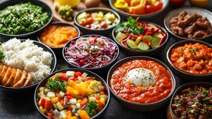 Delicious assortment of dishes in bowls.
