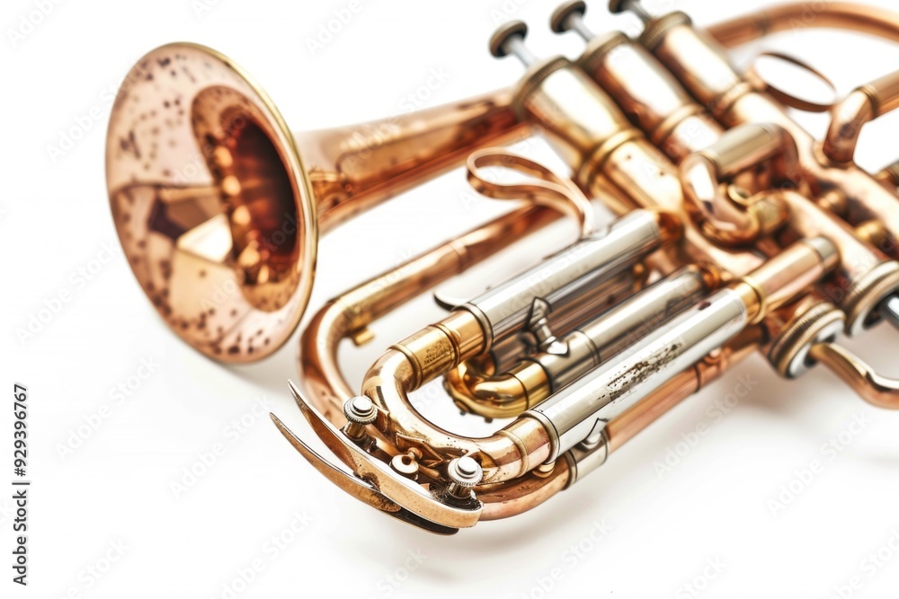 Poster a close-up view of a trumpet on a white background