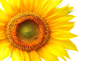 Fototapeta premium Close-up of a vibrant yellow sunflower with detailed petals and seeds, against a clean white background.
