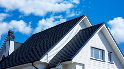 Obraz premium A modern house roof under a blue sky with clouds.