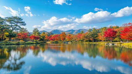 Scenic lake with autumn foliage and mountains under blue sky clouds