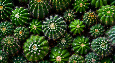 Fototapeta premium Cacti in Mexico: Close-up wallpaper of green cacti. Concept of southern plants with needles.