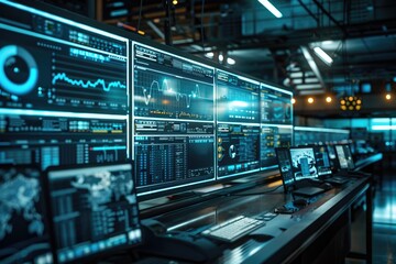 A collection of computer monitors sitting on a desk, perfect for digital workspace or office scene