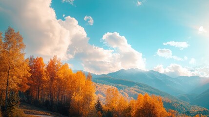 Fototapeta premium Serene landscape with vibrant autumn trees, mountains, and blue sky