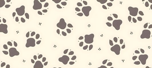 Fototapeta premium Seamless Pattern of Paw Prints in Shades of Brown and Gray with Black Dots on Light Beige Background in Minimalistic Design