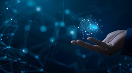 Artificial Intelligence and Human Stitching together the chip brain of artificial intelligence on a dark blue background with copy space.