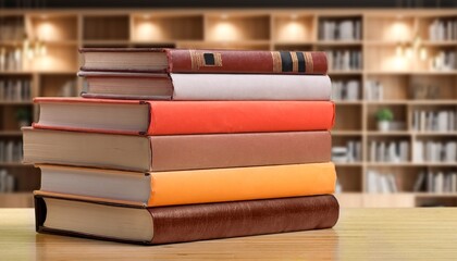Set of reading books on table in library, education