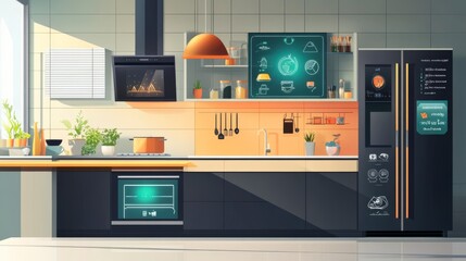 A modern kitchen featuring appliances, plants, and a digital display for cooking guidance.