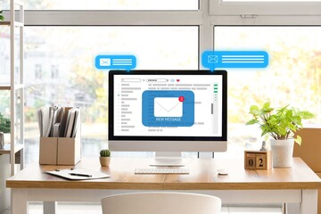 Received email messages on screen of computer monitor at workplace