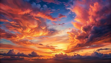 Sunset sky background, vibrant hues of orange, pink, and purple with scattered clouds, peaceful and beautiful