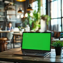 Laptop display with green screen background on office desk