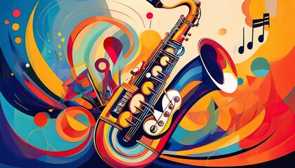 Cubist jazz poster with a saxophone, musical notes, and bright colors.