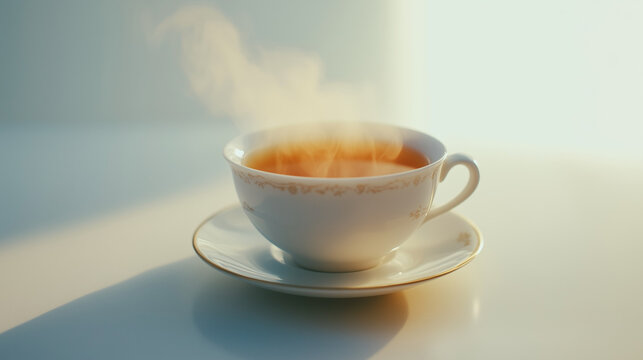 A steaming cup of tea in a delicate porcelain cup with an ornate design on a saucer, bathed in soft morning light. - Powered by Adobe