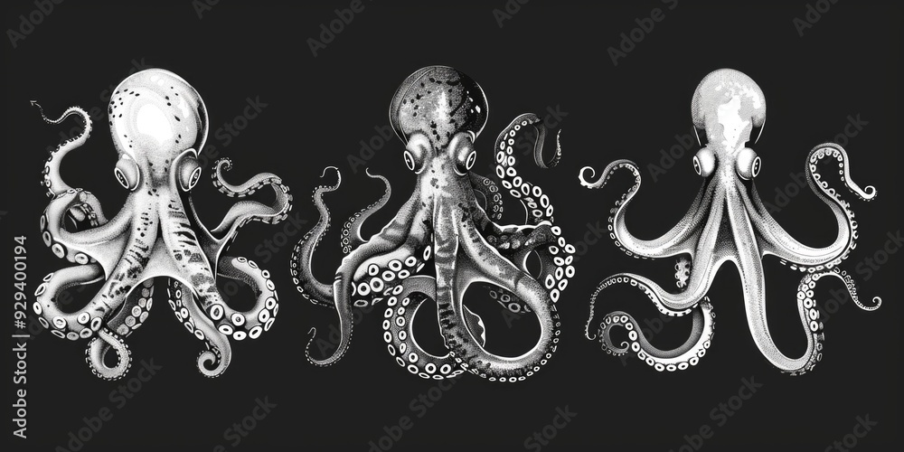 Poster three colorful octopuses illustrated on a dark background